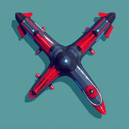 A futuristic airplane viewed from above, designed in vibrant pixel art style