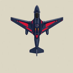 A futuristic airplane viewed from above, designed in vibrant pixel art style