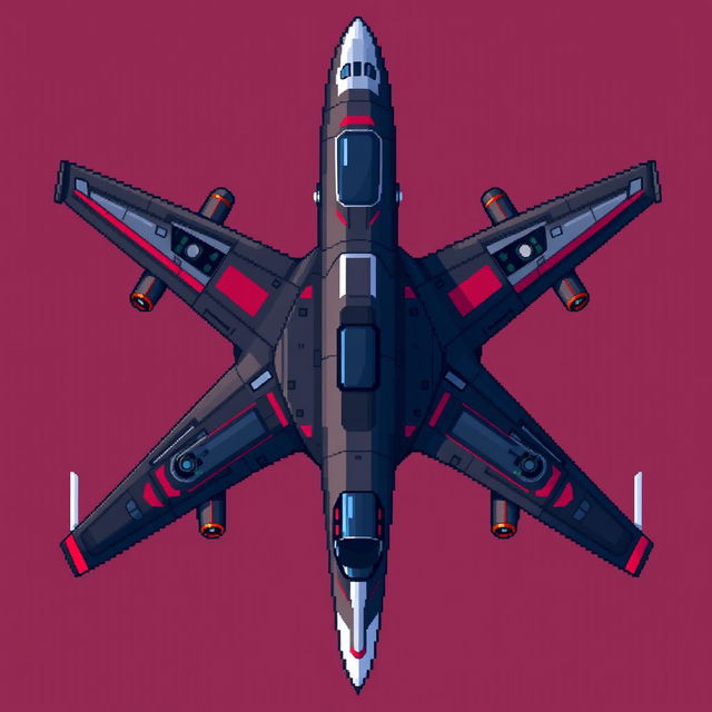 A futuristic airplane viewed from above, designed in vibrant pixel art style