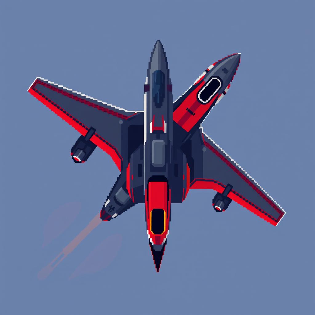 A futuristic airplane viewed from above, designed in vibrant pixel art style