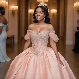 A medium sized woman stylishly dressed for prom in an off-shoulder salmon-colored gown, artfully pulling elements from Charlotte's dress in Princess and the Frog and Bridgerton's fashion, modernized with a corset-like top.