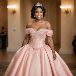 A medium sized woman stylishly dressed for prom in an off-shoulder salmon-colored gown, artfully pulling elements from Charlotte's dress in Princess and the Frog and Bridgerton's fashion, modernized with a corset-like top.