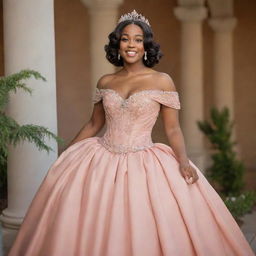 A medium sized woman stylishly dressed for prom in an off-shoulder salmon-colored gown, artfully pulling elements from Charlotte's dress in Princess and the Frog and Bridgerton's fashion, modernized with a corset-like top.