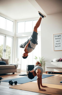 A powerful and motivating home fitness scene showcasing calisthenics exercises that emphasize strength and self-belief
