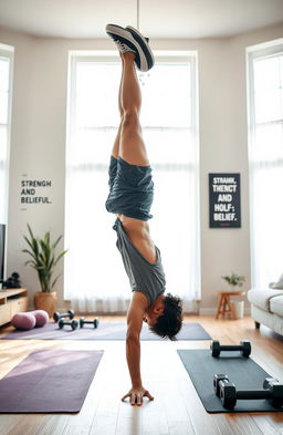 A powerful and motivating home fitness scene showcasing calisthenics exercises that emphasize strength and self-belief