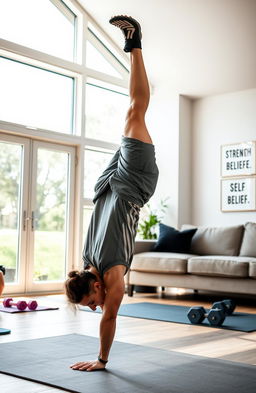 A powerful and motivating home fitness scene showcasing calisthenics exercises that emphasize strength and self-belief