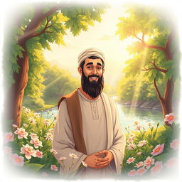 A beautifully illustrated scene depicting Prophet Muhammad (SAW) in a serene, peaceful environment, surrounded by lush greenery and flowers