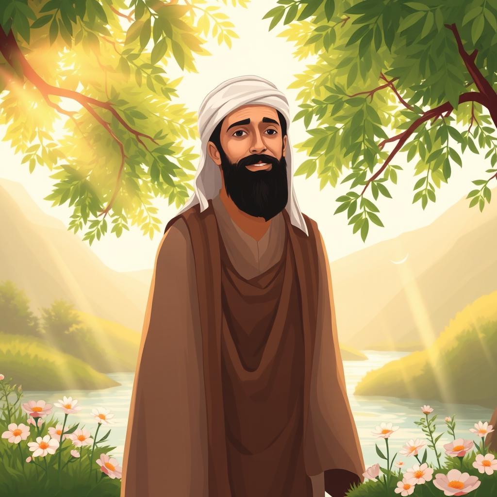 A beautifully illustrated scene depicting Prophet Muhammad (SAW) in a serene, peaceful environment, surrounded by lush greenery and flowers