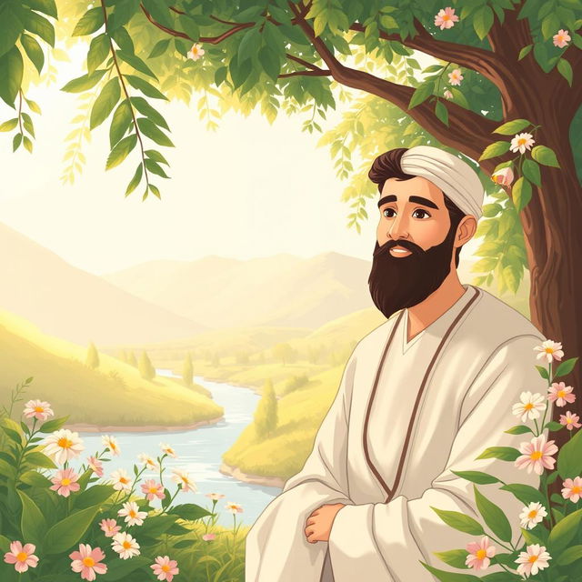 A beautifully illustrated scene depicting Prophet Muhammad (SAW) in a serene, peaceful environment, surrounded by lush greenery and flowers