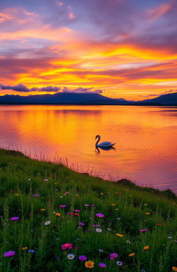 A serene landscape at sunset, with a vibrant orange and purple sky reflecting over a tranquil lake