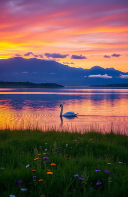 A serene landscape at sunset, with a vibrant orange and purple sky reflecting over a tranquil lake