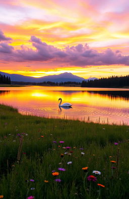 A serene landscape at sunset, with a vibrant orange and purple sky reflecting over a tranquil lake