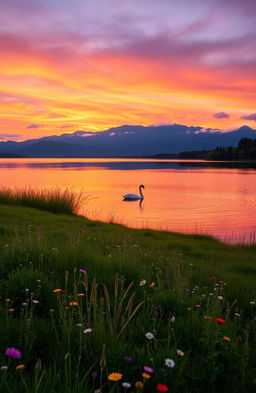 A serene landscape at sunset, with a vibrant orange and purple sky reflecting over a tranquil lake