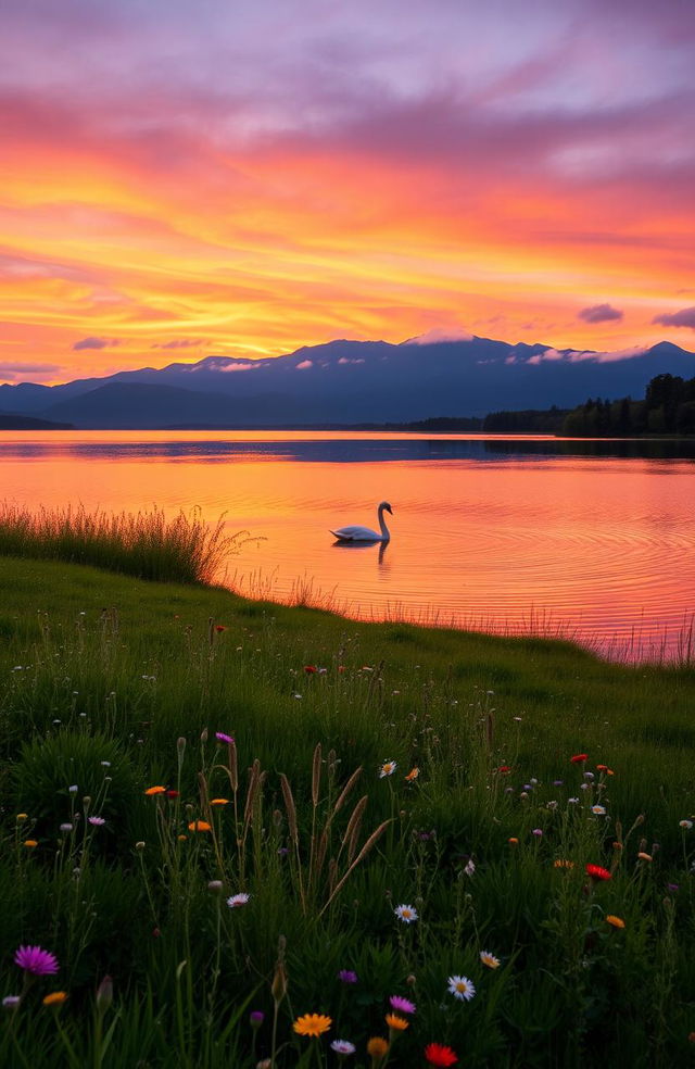 A serene landscape at sunset, with a vibrant orange and purple sky reflecting over a tranquil lake