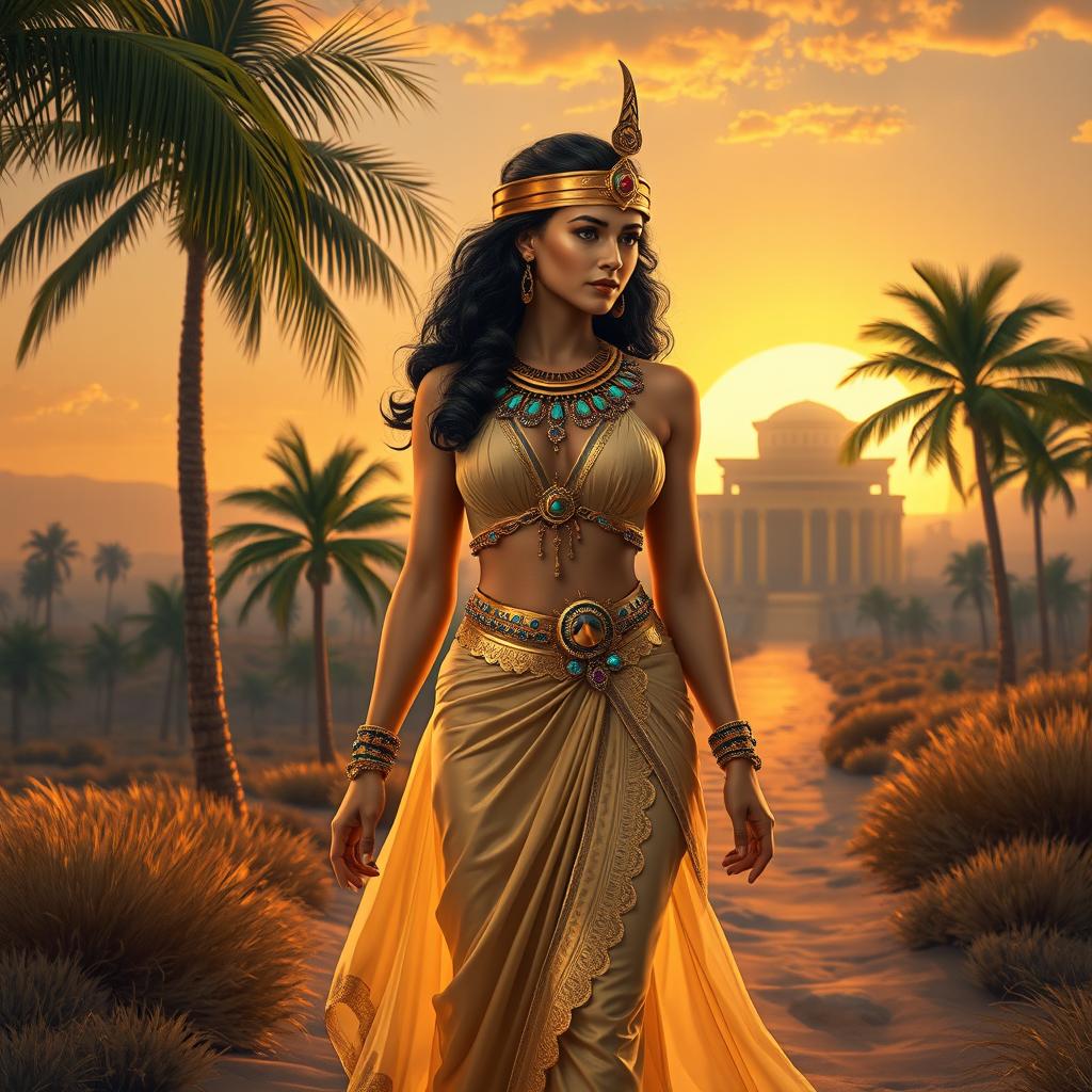 A stunning depiction of Cleopatra walking gracefully through an ancient Egyptian landscape, wearing an elegant flowing gown adorned with intricate gold detailing and colorful gemstones