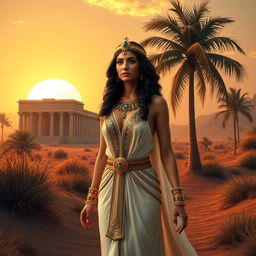 A stunning depiction of Cleopatra walking gracefully through an ancient Egyptian landscape, wearing an elegant flowing gown adorned with intricate gold detailing and colorful gemstones