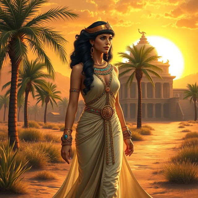 A stunning depiction of Cleopatra walking gracefully through an ancient Egyptian landscape, wearing an elegant flowing gown adorned with intricate gold detailing and colorful gemstones