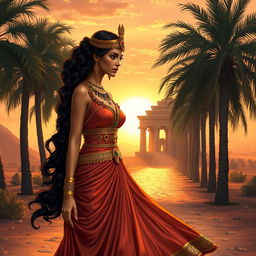 A stunning depiction of Cleopatra walking gracefully through an ancient Egyptian landscape, wearing an elegant flowing gown adorned with intricate gold detailing and colorful gemstones