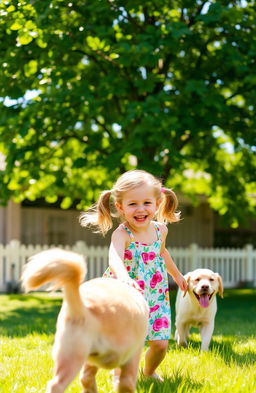 A joyful scene featuring a young girl with a cheerful expression, playing in a sunny backyard with a friendly dog by her side