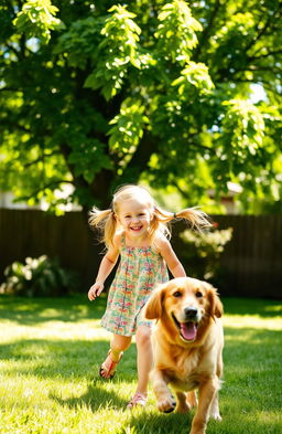A joyful scene featuring a young girl with a cheerful expression, playing in a sunny backyard with a friendly dog by her side