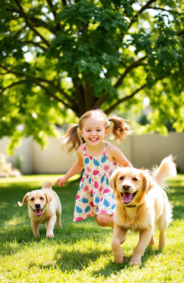 A joyful scene featuring a young girl with a cheerful expression, playing in a sunny backyard with a friendly dog by her side