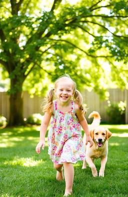 A joyful scene featuring a young girl with a cheerful expression, playing in a sunny backyard with a friendly dog by her side