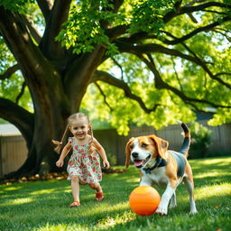 A delightful scene featuring a young girl with a radiant smile, playing in her backyard with a joyful dog