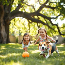 A delightful scene featuring a young girl with a radiant smile, playing in her backyard with a joyful dog