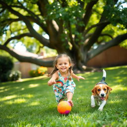 A delightful scene featuring a young girl with a radiant smile, playing in her backyard with a joyful dog