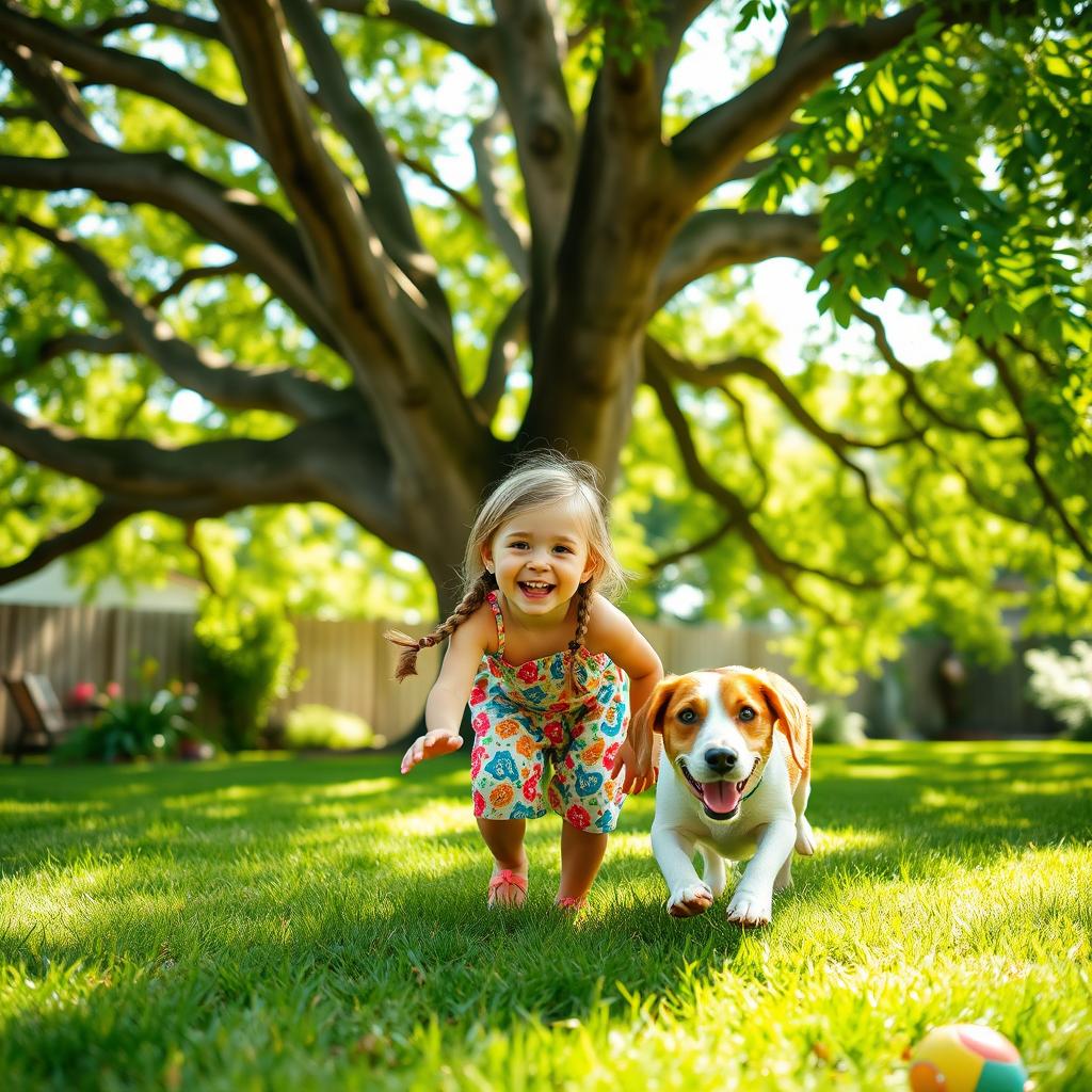 A delightful scene featuring a young girl with a radiant smile, playing in her backyard with a joyful dog