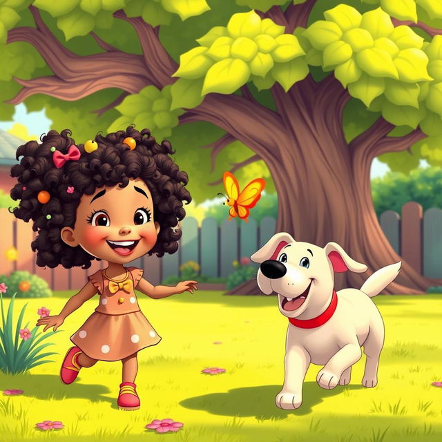 An animated scene depicting a cheerful little girl with a bright smile, playing in her colorful backyard with a spirited dog