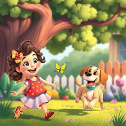 An animated scene depicting a cheerful little girl with a bright smile, playing in her colorful backyard with a spirited dog