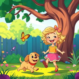 An animated scene depicting a cheerful little girl with a bright smile, playing in her colorful backyard with a spirited dog