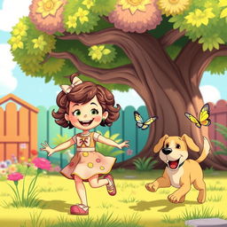 An animated scene depicting a cheerful little girl with a bright smile, playing in her colorful backyard with a spirited dog