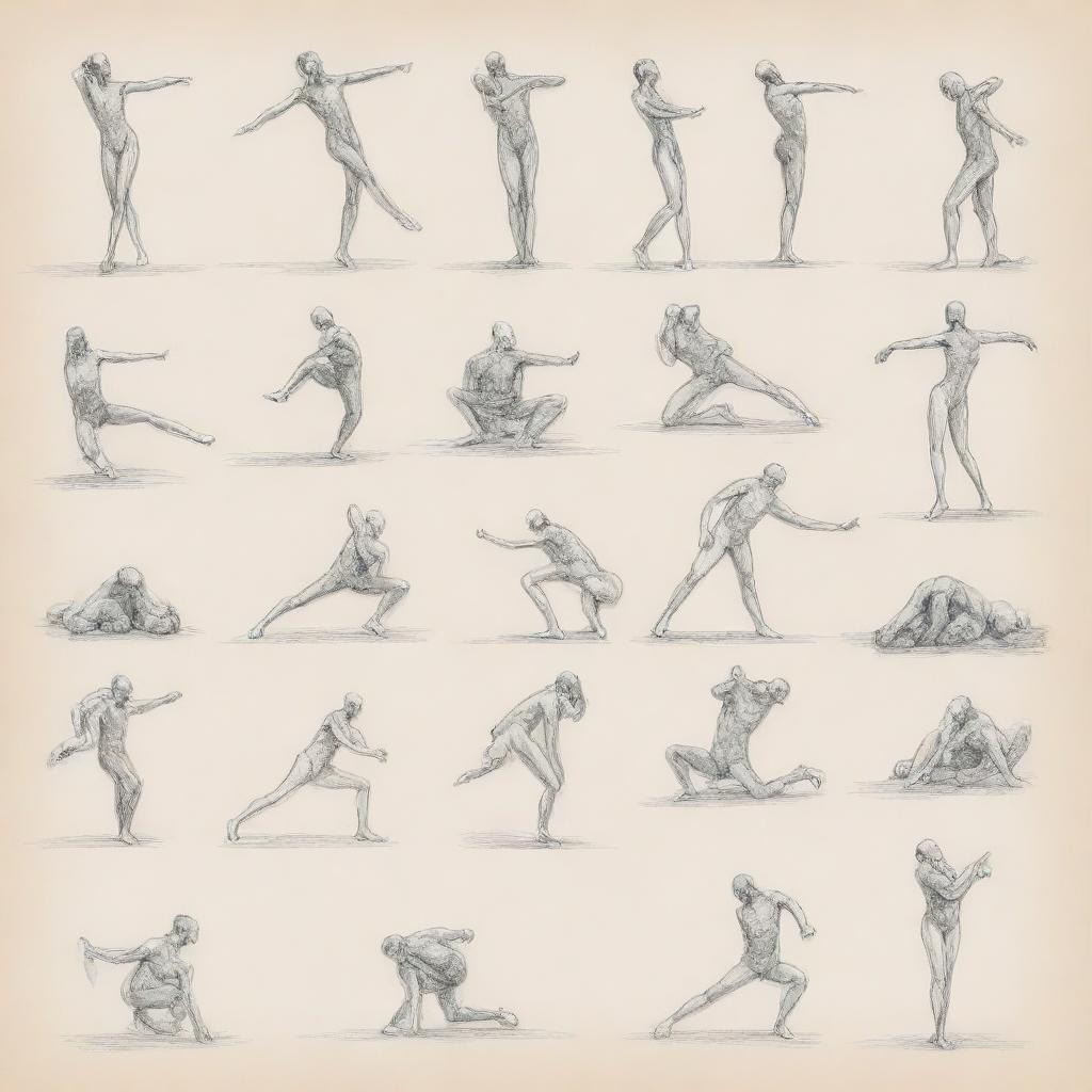 A series of sketches showcasing various human poses, emphasizing on the dynamics of the human figure in action, rest and different postures.