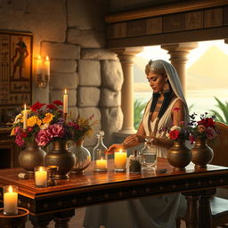 A stunning portrayal of Cleopatra in an ancient Egyptian setting, carefully crafting a beautiful fragrance