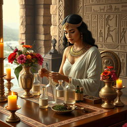 A stunning portrayal of Cleopatra in an ancient Egyptian setting, carefully crafting a beautiful fragrance