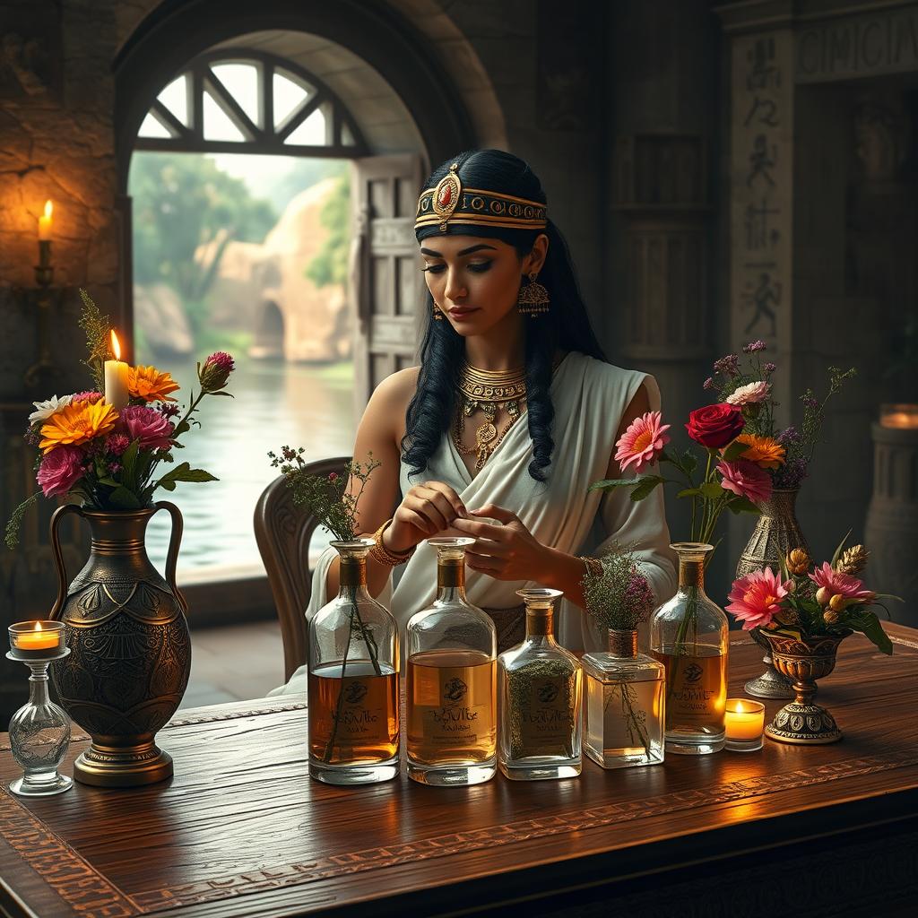 A stunning portrayal of Cleopatra in an ancient Egyptian setting, carefully crafting a beautiful fragrance