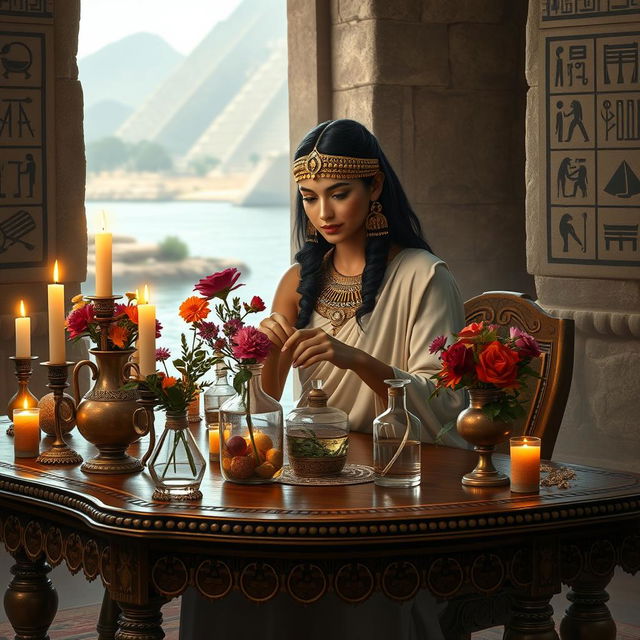 A stunning portrayal of Cleopatra in an ancient Egyptian setting, carefully crafting a beautiful fragrance