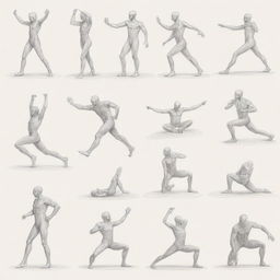 A series of sketches showcasing various human poses, emphasizing on the dynamics of the human figure in action, rest and different postures.