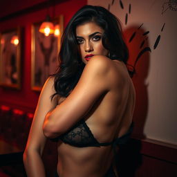A provocative, alluring scene featuring a sultry brunette woman exuding confidence and allure, set in a bold, artistic environment