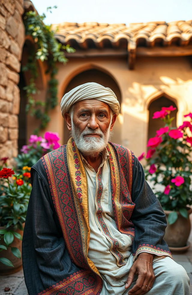 An elderly Yemeni man sitting in a traditional Yemeni courtyard, wearing a colorful, intricately embroidered thobe and a distinctive shawl draped over his shoulder