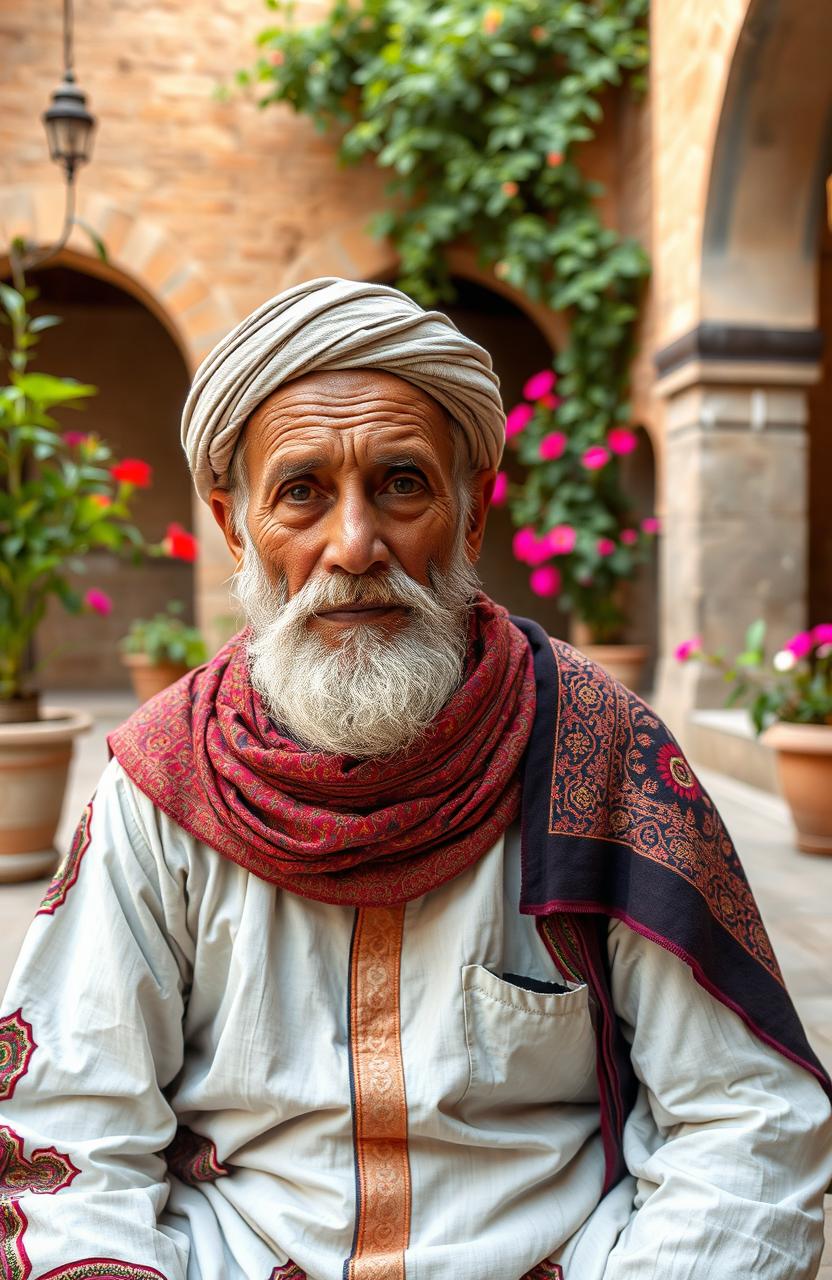 An elderly Yemeni man sitting in a traditional Yemeni courtyard, wearing a colorful, intricately embroidered thobe and a distinctive shawl draped over his shoulder