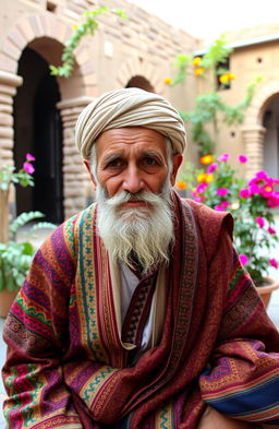An elderly Yemeni man sitting in a traditional Yemeni courtyard, wearing a colorful, intricately embroidered thobe and a distinctive shawl draped over his shoulder