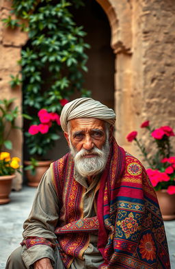 An elderly Yemeni man sitting in a traditional Yemeni courtyard, wearing a colorful, intricately embroidered thobe and a distinctive shawl draped over his shoulder