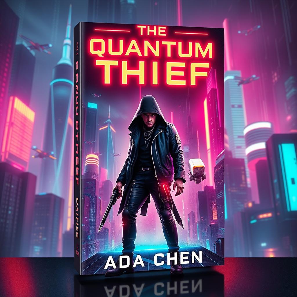 A striking book cover design for 'The Quantum Thief' by Ada Chen