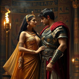 A dramatic and romantic scene featuring Cleopatra and Marcus Antonius (Mark Antony) set in an opulent ancient Egyptian palace