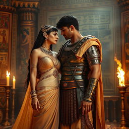 A dramatic and romantic scene featuring Cleopatra and Marcus Antonius (Mark Antony) set in an opulent ancient Egyptian palace
