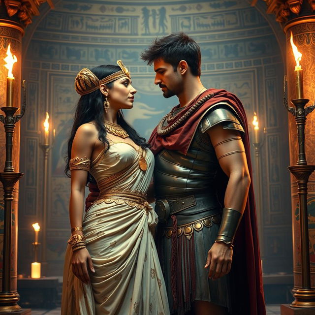 A dramatic and romantic scene featuring Cleopatra and Marcus Antonius (Mark Antony) set in an opulent ancient Egyptian palace