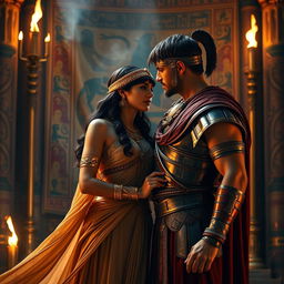 A dramatic and romantic scene featuring Cleopatra and Marcus Antonius (Mark Antony) set in an opulent ancient Egyptian palace